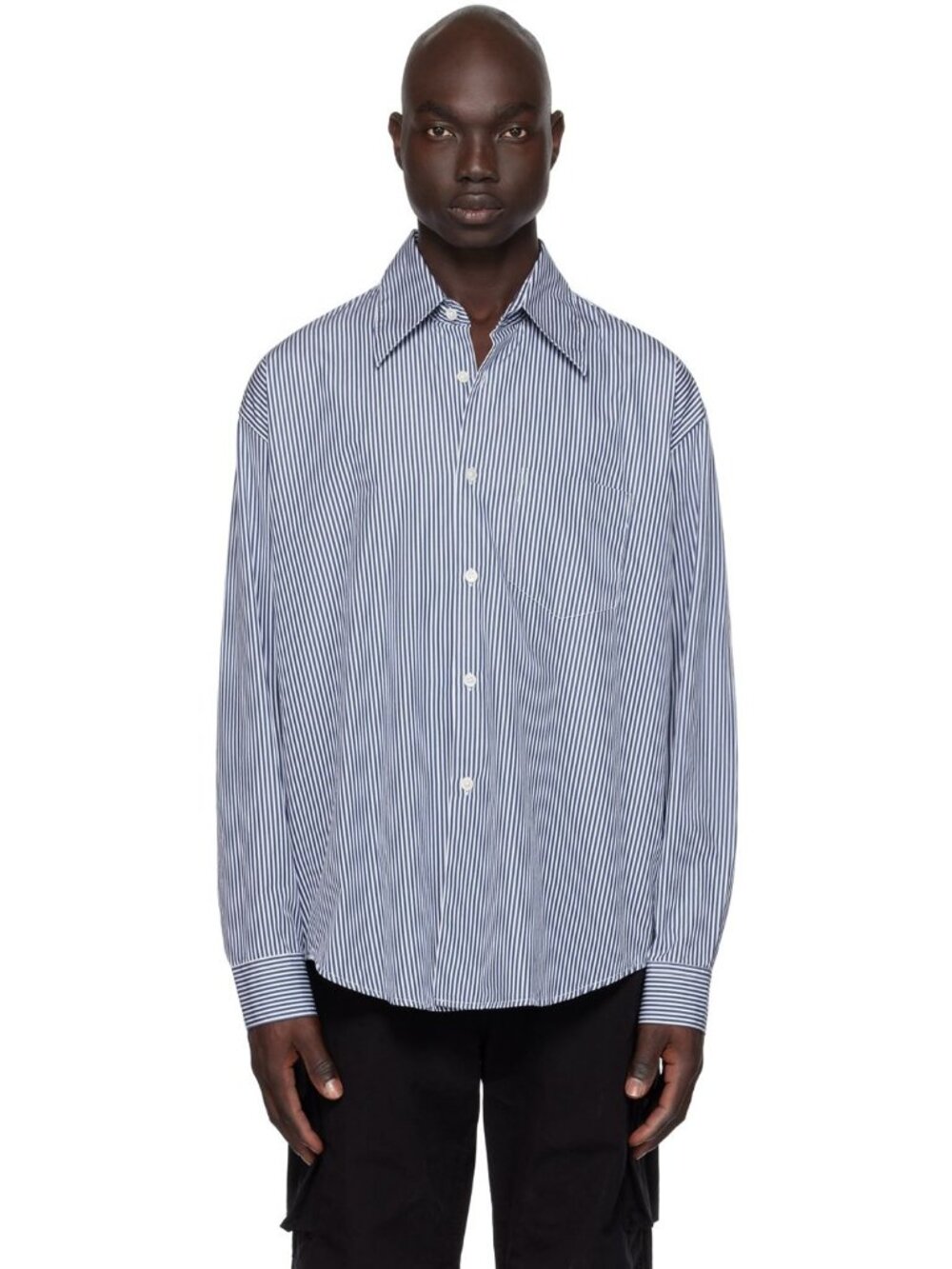 Nautica Mens Blue & White Striped Long Sleeve Button-Down Shirt Cotton18 34/35